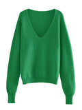 Aimays-Fall Outfits  Autumn Outfits     New Deep V-neck Sweater Off-the-shoulder Sweater Green and White Knitted Top Loose Fashion Knitted