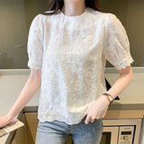 Aimays  French Embroidery Sweet Blouse Women Short Sleeve White Elegant Summer Lace Shirt Vintage Sweet Puff Sleeve Clothes Blusas 21262