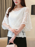 Aimays  New Butterfly Flower Half Sleeve Shirt Women Elegant Fashion Chiffon Blouse Summer Cotton Edge Lace O Neck Loose Shirt 4073 50