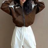 Aimays-Fall Outfits -Vintage Brown Hoodies Zip-Up Coat