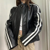 Aimays-Black Leather Stand Collar Jacket Coat
