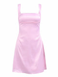 Aimays-hoco dresses  Women's Pink A-Line Mini Dress Sexy Halter Summer Stretch Satin Elegant Birthday Party Dress Square Neck Women's Princess Dress