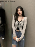 Aimays- Aimays Summer Korean Fashion Suit 2 Piece Set Casual Strap Black Camis + Long Sleeve Knitted Crop Tops Thin Pure Color Blouse Chic