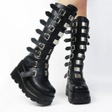 Aimays  Goth Punk Brand Platform High Wedges Women's Knee High Boots Buckle Zip Cosplay Black White Over The Knee Boots Shoes Woman