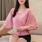 Aimays  New Butterfly Flower Half Sleeve Shirt Women Elegant Fashion Chiffon Blouse Summer Cotton Edge Lace O Neck Loose Shirt 4073 50