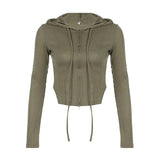 Aimays-Green Knit Ribbed Hooded Zip-up Coat