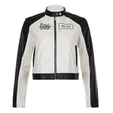 Aimays-Embroidery Spliced Zip-Up PU Leather Jacket