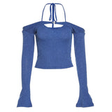 Aimays-Fall Outfits -   2024 Women Y2K Knitted Halter Cami Tops And Flare Sleeve Shrug Set Blue Sweater Set Shawl Stacked 2 Piece Set Long Sleeve