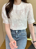 Aimays  French Embroidery Sweet Blouse Women Short Sleeve White Elegant Summer Lace Shirt Vintage Sweet Puff Sleeve Clothes Blusas 21262