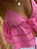 Aimays  Boho Beach Hollow Out Mini Vest Y2K Kawaii Tie Up Camis Tops Summer Sleeveless V-Neck Spaghetti Strap Cropped Women