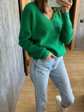 Aimays-Fall Outfits  Autumn Outfits     New Deep V-neck Sweater Off-the-shoulder Sweater Green and White Knitted Top Loose Fashion Knitted