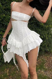 Aimays-mini dress White Jacquard Cutout Ruffle Dress