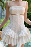 Aimays-mini dress White Jacquard Cutout Ruffle Dress