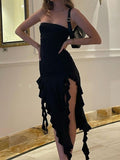 Aimays-Black asymmetric bandeau maxi dress with ruffles