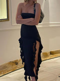 Aimays-Black asymmetric bandeau maxi dress with ruffles