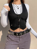 Aimays-Black corset top with button placket